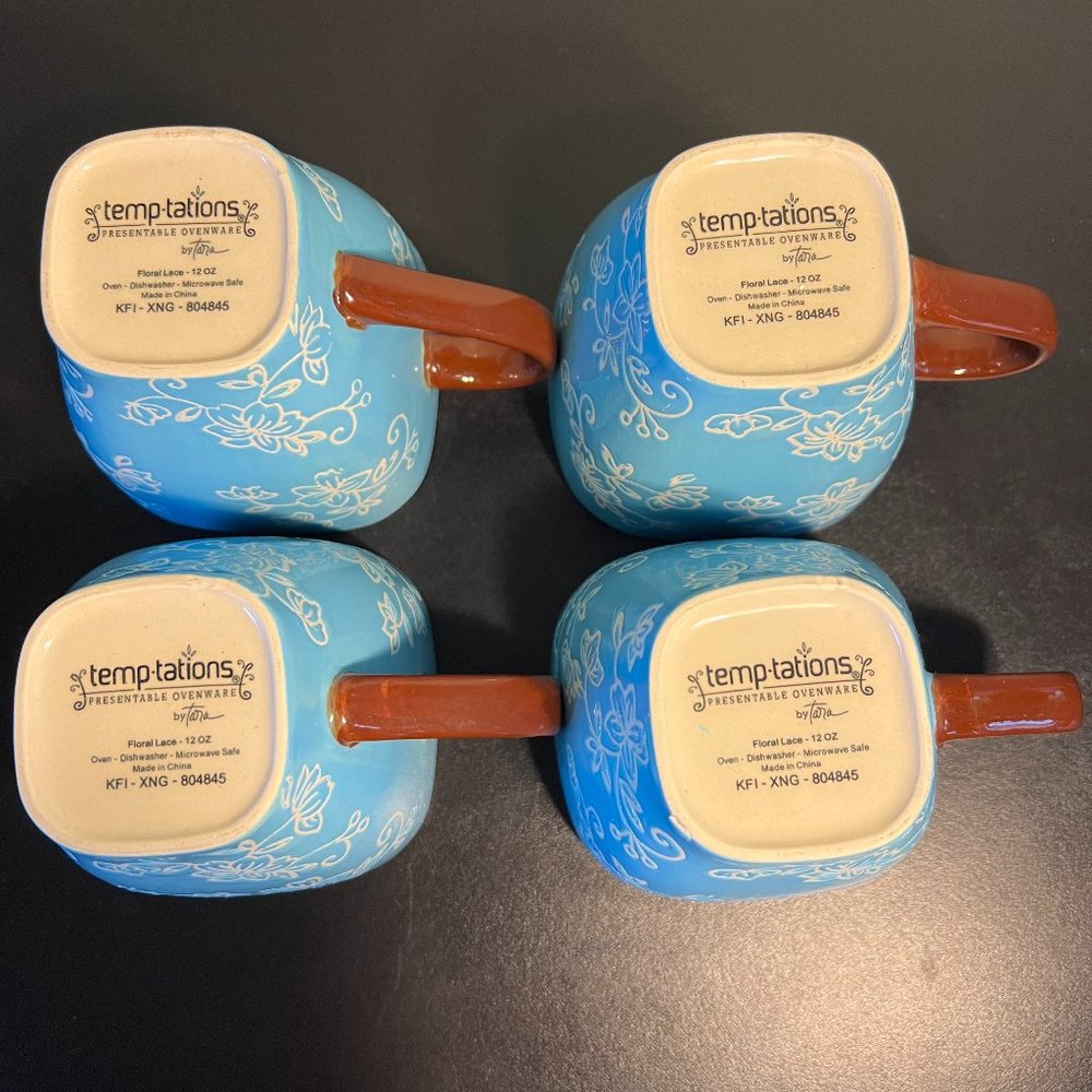 Set of 4 Temp-Tations by Tara ~ Aqua Square Mugs w/ White Floral Lace Pattern - Picture 4 of 12